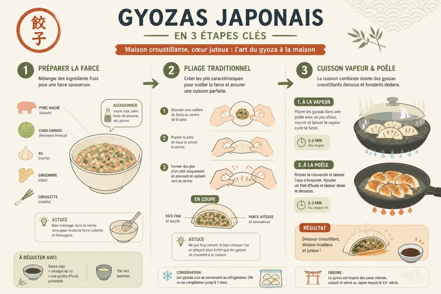 découvrez l'art des gyozas japonais avec notre guide complet : recettes de farce savoureuse, techniques de pliage traditionnelles et cuisson vapeur-poêlée pour recréer ce joyau du street food japonais dans votre cuisine.