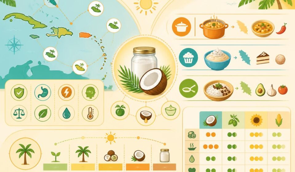 découvrez l'huile de coco vierge, cet ingrédient caraïbéen essentiel qui sublime vos currys, desserts et plats latins avec sa saveur exotique et sa richesse naturelle.