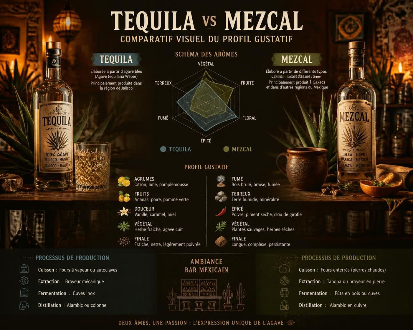 découvrez les différences entre le mezcal et la tequila et leur impact sur le goût, la cuisine et les cocktails traditionnels de la cantina.