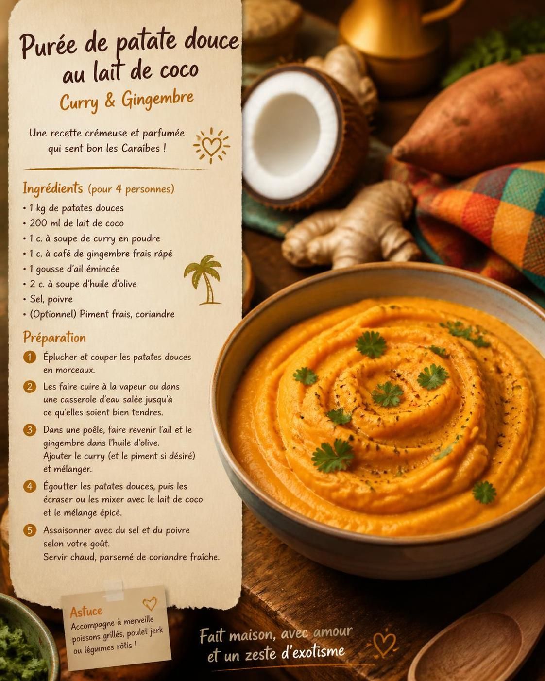 découvrez la patate douce au lait de coco, une recette caraïbéenne savoureuse pour un curry, un gratin ou une purée réconfortante, mettant en valeur ce légume souvent sous-estimé.