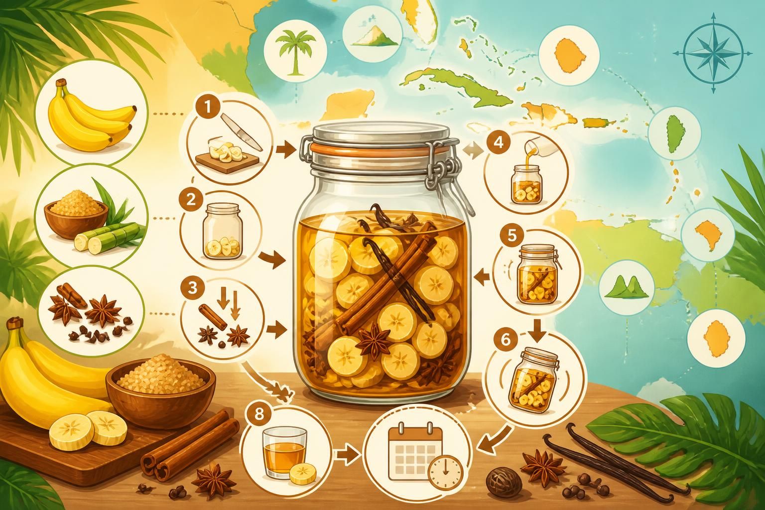 découvrez comment préparer un délicieux rhum arrangé à la banane, une spécialité créole à laisser macérer pendant deux mois pour un goût authentique et savoureux.