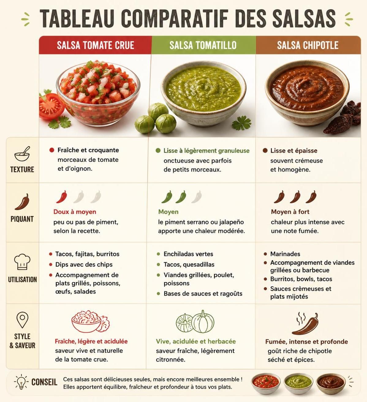 découvrez notre recette rapide de salsa maison en quinze minutes avec tomate crue, tomatillo ou chipotle, idéale pour varier vos repas chaque soir.